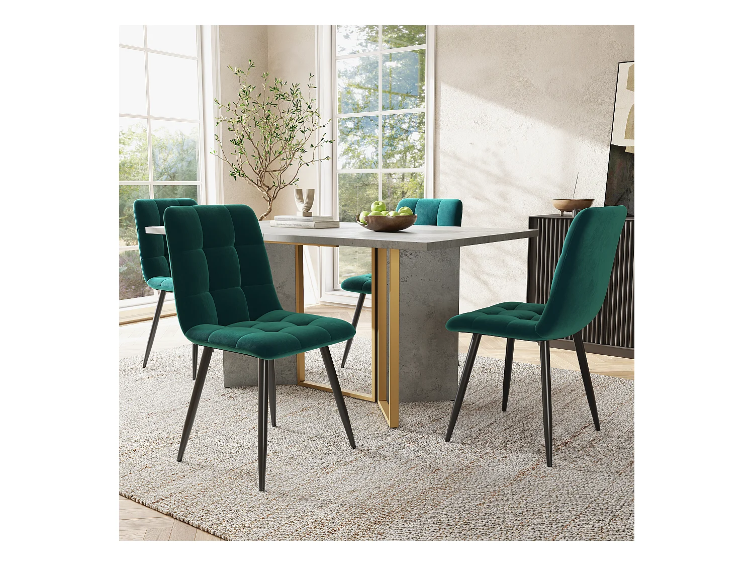 Ensemble table à manger 119 x 70 x 75 cm + 4 chaises en velours - Bois MDF et métal - Vert + gris