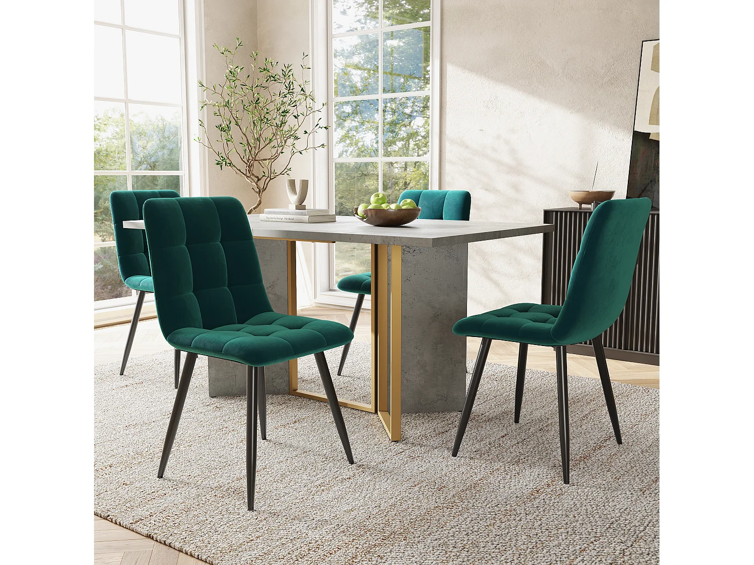 Ensemble table à manger 119 x 70 x 75 cm + 4 chaises en velours - Bois MDF et métal - Vert + gris