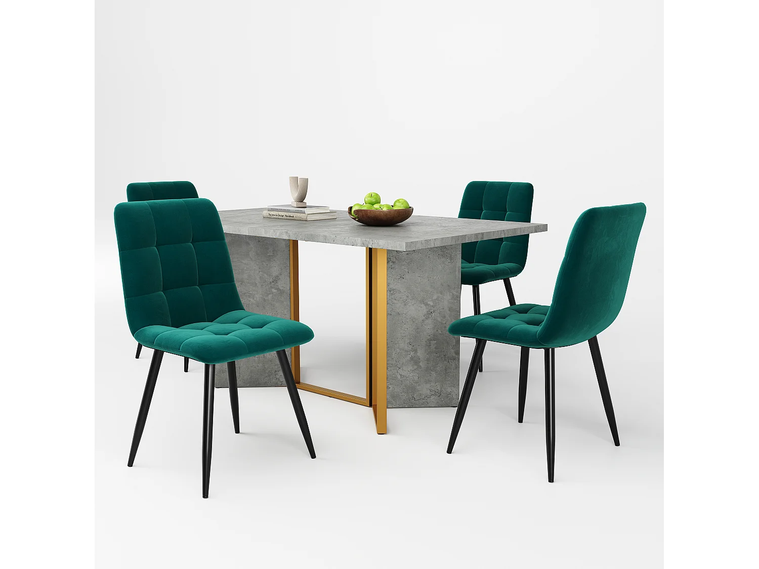 Ensemble table à manger 119 x 70 x 75 cm + 4 chaises en velours - Bois MDF et métal - Vert + gris