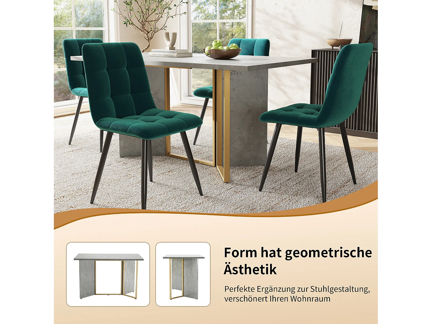 Ensemble table à manger 119 x 70 x 75 cm + 4 chaises en velours - Bois MDF et métal - Vert + gris