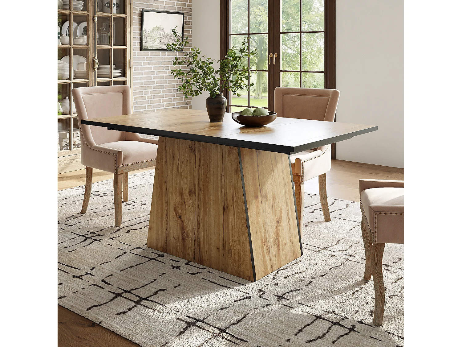 Esstisch + 4 Rattanstühle im Set – 138,5 x 80 x 75 cm – MDF-Holz und PU-Lederkissen – Beige + Braun