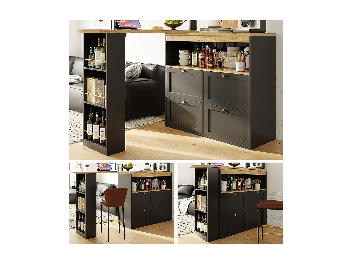 Mueble bar giratorio - 4 cajones, 3 estantes y nicho - Tapa efecto madera MDF - 138 cm/105x39x102 cm - Negro
