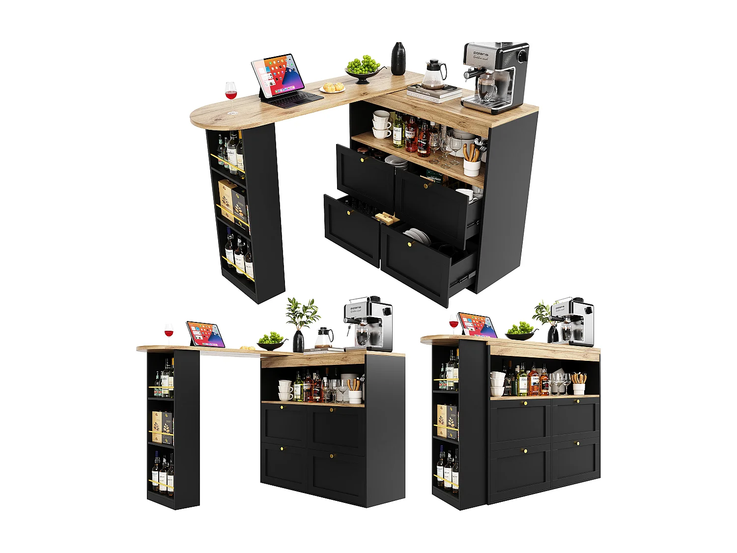 Mueble bar giratorio - 4 cajones, 3 estantes y nicho - Tapa efecto madera MDF - 138 cm/105x39x102 cm - Negro
