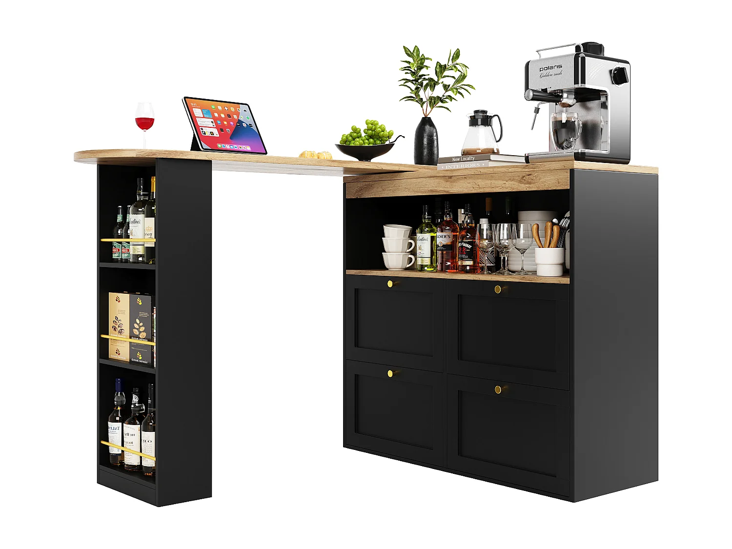 Mueble bar giratorio - 4 cajones, 3 estantes y nicho - Tapa efecto madera MDF - 138 cm/105x39x102 cm - Negro