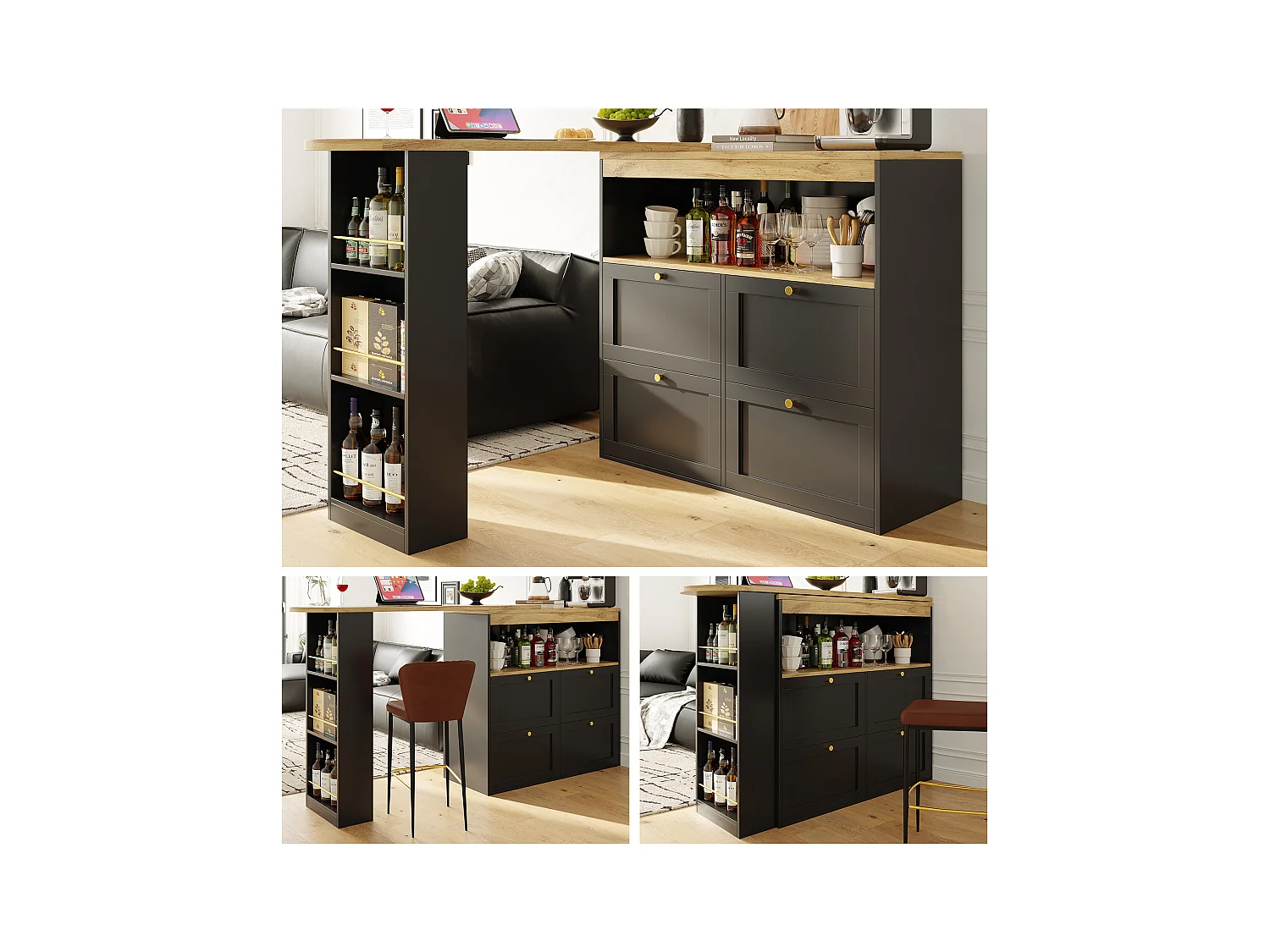 Meuble de bar pivotant - 4 tiroirs, 3 étagères de rangement & niche - MDF plateau effet bois - 138 cm/105x39x102 cm - Noir