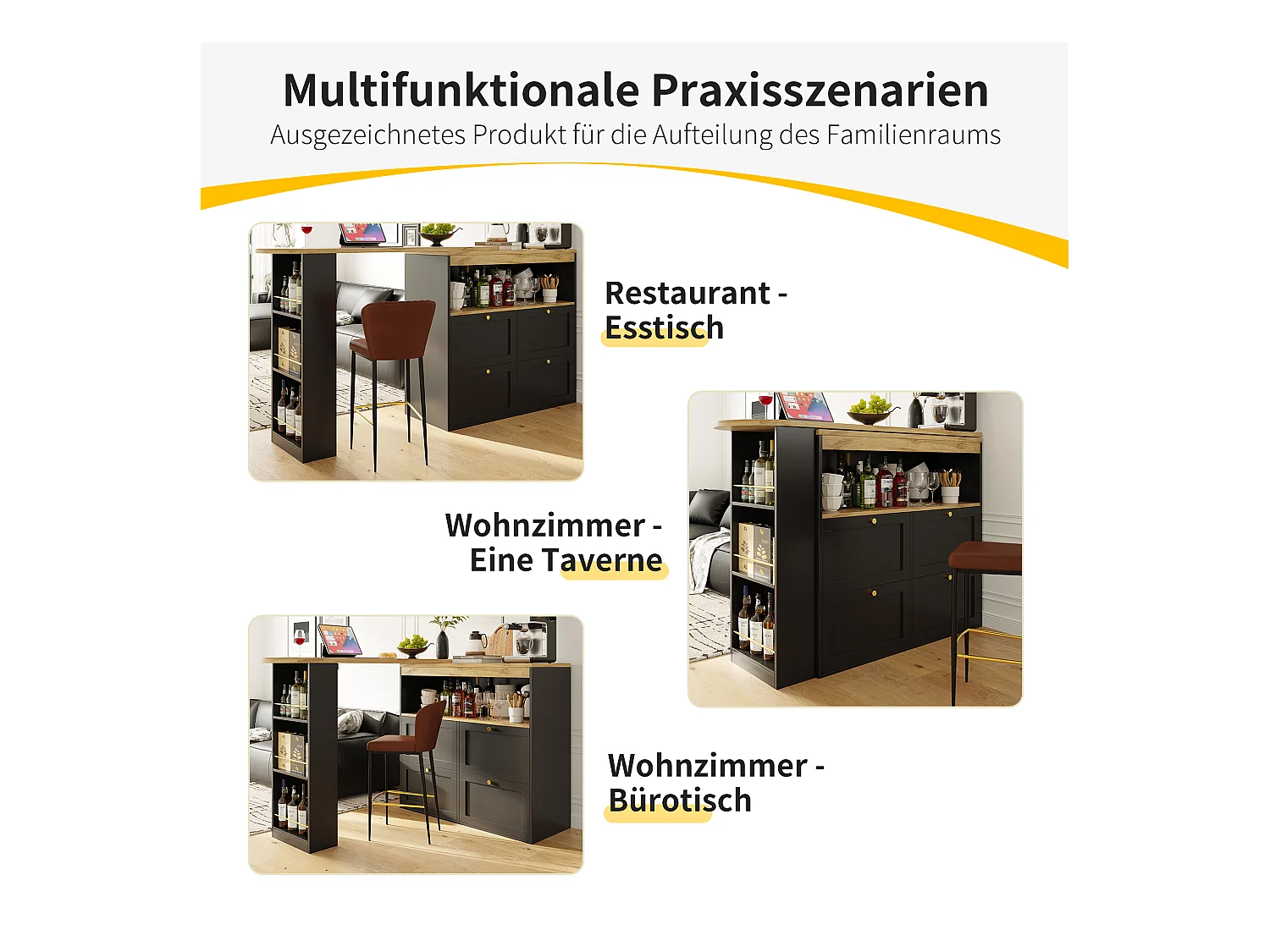 Drehbarer Barschrank – 4 Schubladen, 3 Ablageböden und Nische – Platte in MDF-Holzoptik – 138 cm/105 x 39 x 102 cm – Schwarz