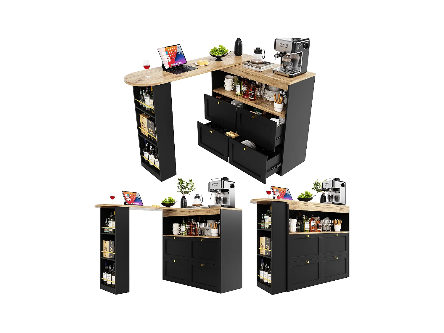 Drehbarer Barschrank – 4 Schubladen, 3 Ablageböden und Nische – Platte in MDF-Holzoptik – 138 cm/105 x 39 x 102 cm – Schwarz