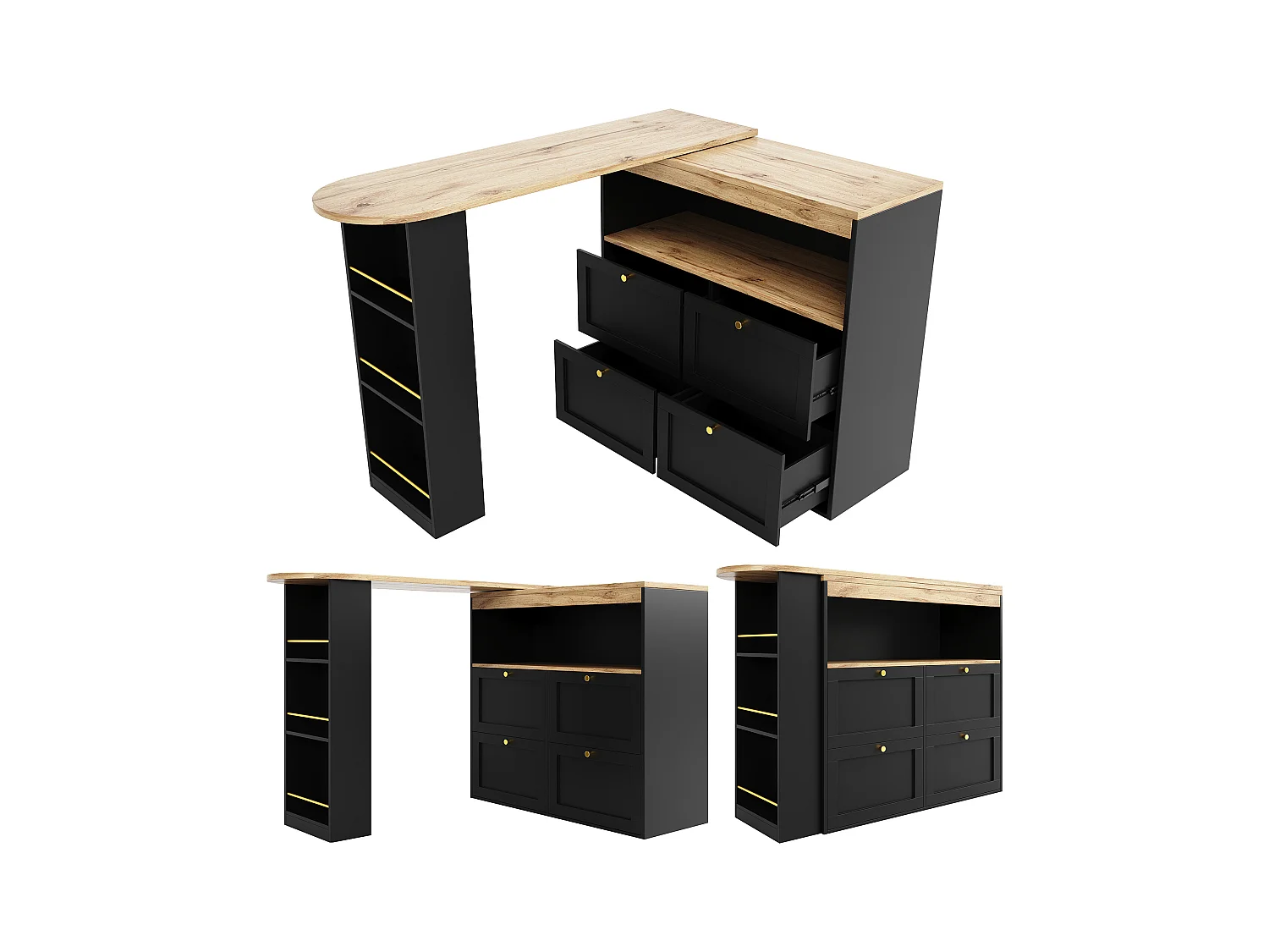 Drehbarer Barschrank – 4 Schubladen, 3 Ablageböden und Nische – Platte in MDF-Holzoptik – 138 cm/105 x 39 x 102 cm – Schwarz