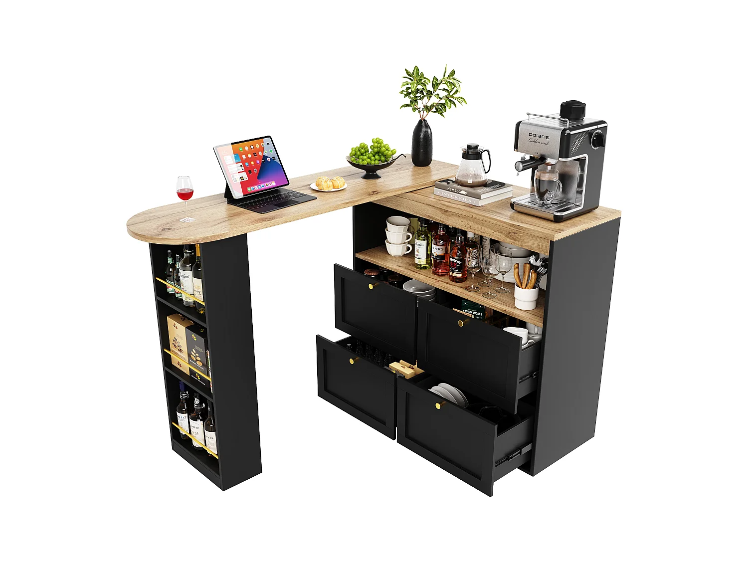 Drehbarer Barschrank – 4 Schubladen, 3 Ablageböden und Nische – Platte in MDF-Holzoptik – 138 cm/105 x 39 x 102 cm – Schwarz