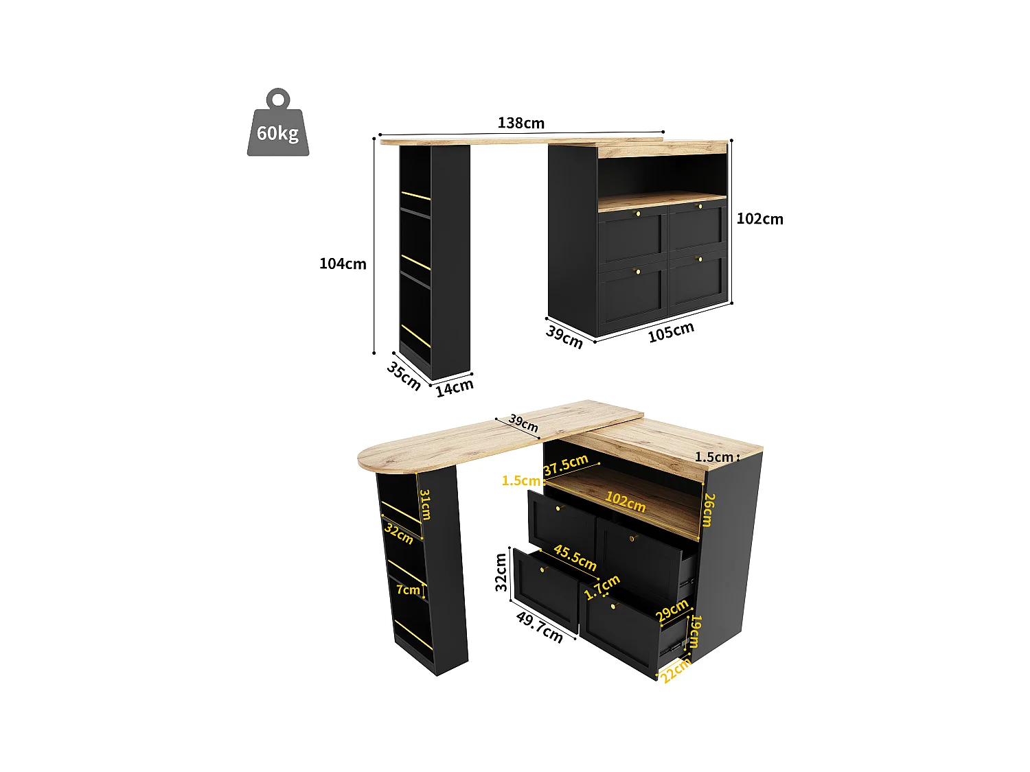 Drehbarer Barschrank – 4 Schubladen, 3 Ablageböden und Nische – Platte in MDF-Holzoptik – 138 cm/105 x 39 x 102 cm – Schwarz