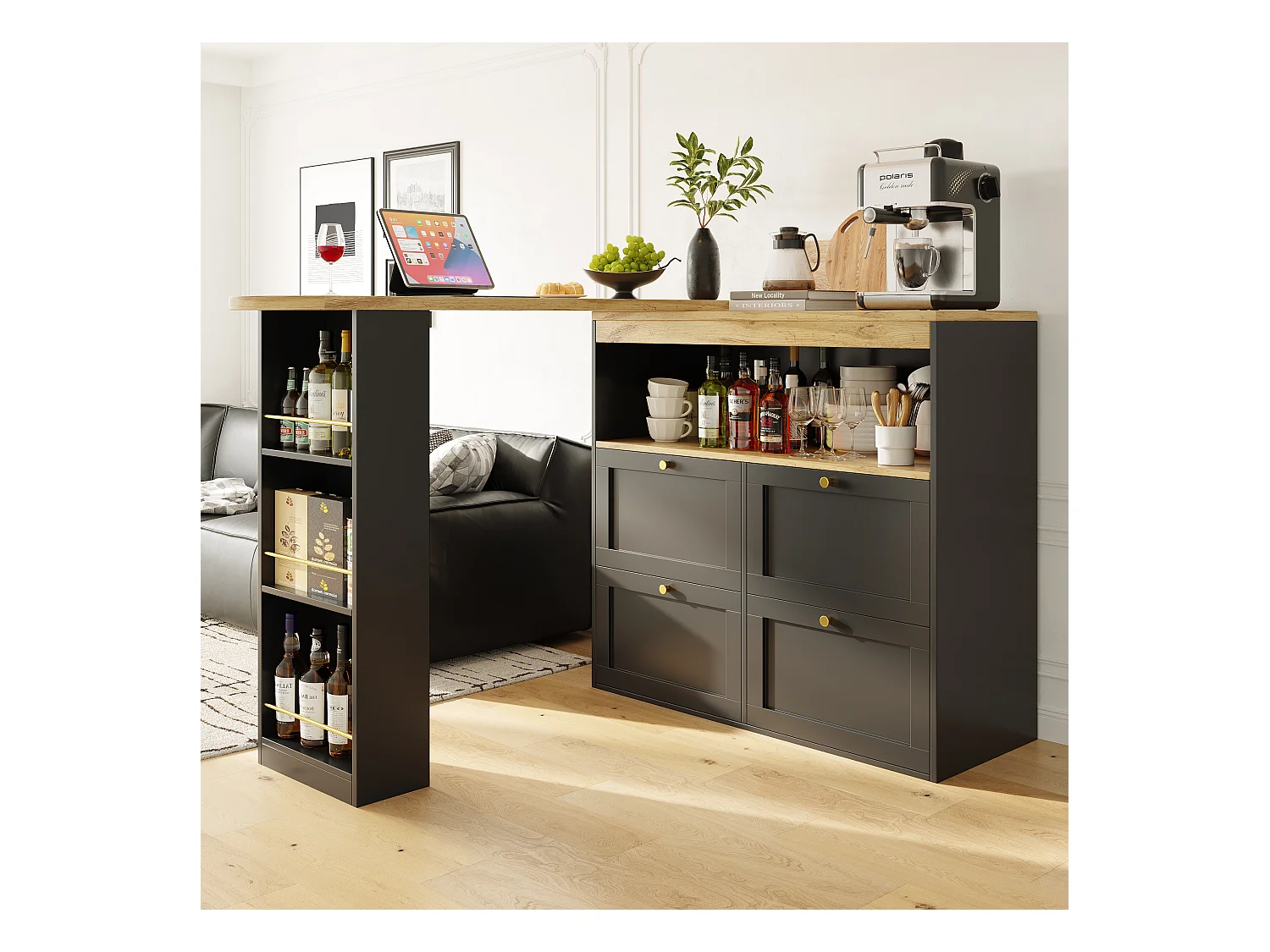 Drehbarer Barschrank – 4 Schubladen, 3 Ablageböden und Nische – Platte in MDF-Holzoptik – 138 cm/105 x 39 x 102 cm – Schwarz