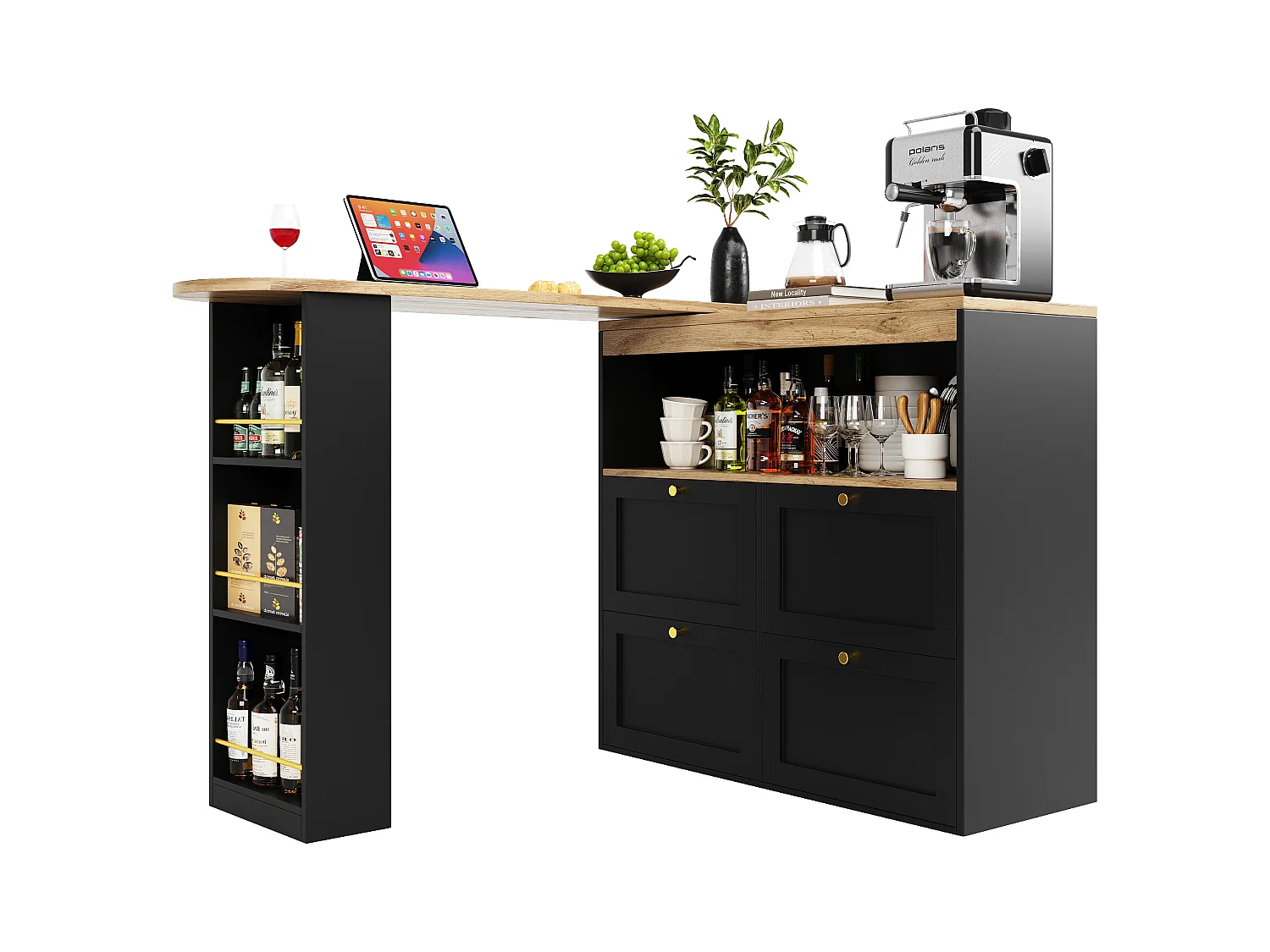 Drehbarer Barschrank – 4 Schubladen, 3 Ablageböden und Nische – Platte in MDF-Holzoptik – 138 cm/105 x 39 x 102 cm – Schwarz
