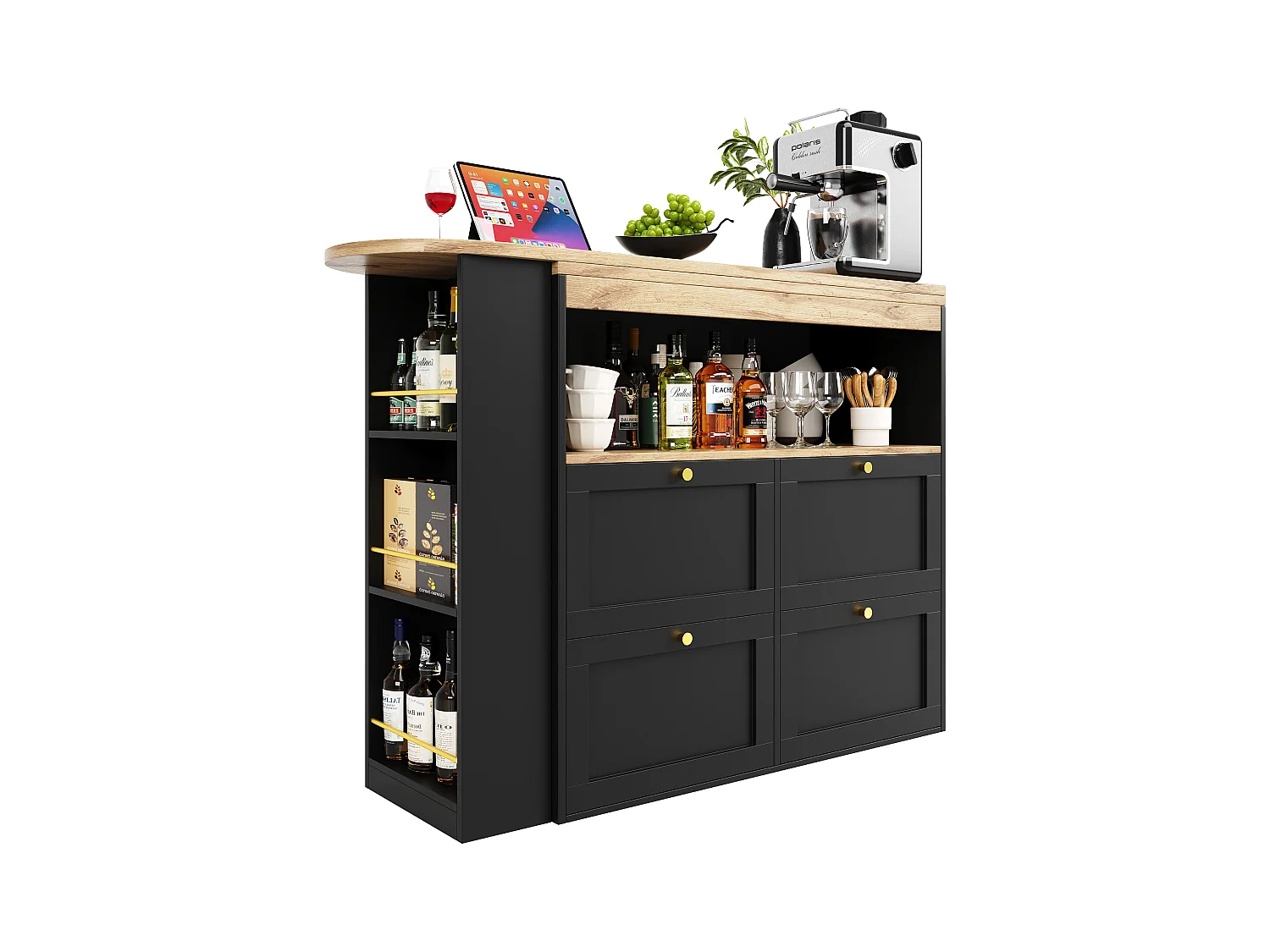 Drehbarer Barschrank – 4 Schubladen, 3 Ablageböden und Nische – Platte in MDF-Holzoptik – 138 cm/105 x 39 x 102 cm – Schwarz