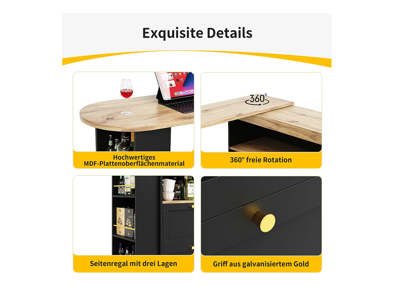 Drehbarer Barschrank – 4 Schubladen, 3 Ablageböden und Nische – Platte in MDF-Holzoptik – 138 cm/105 x 39 x 102 cm – Schwarz