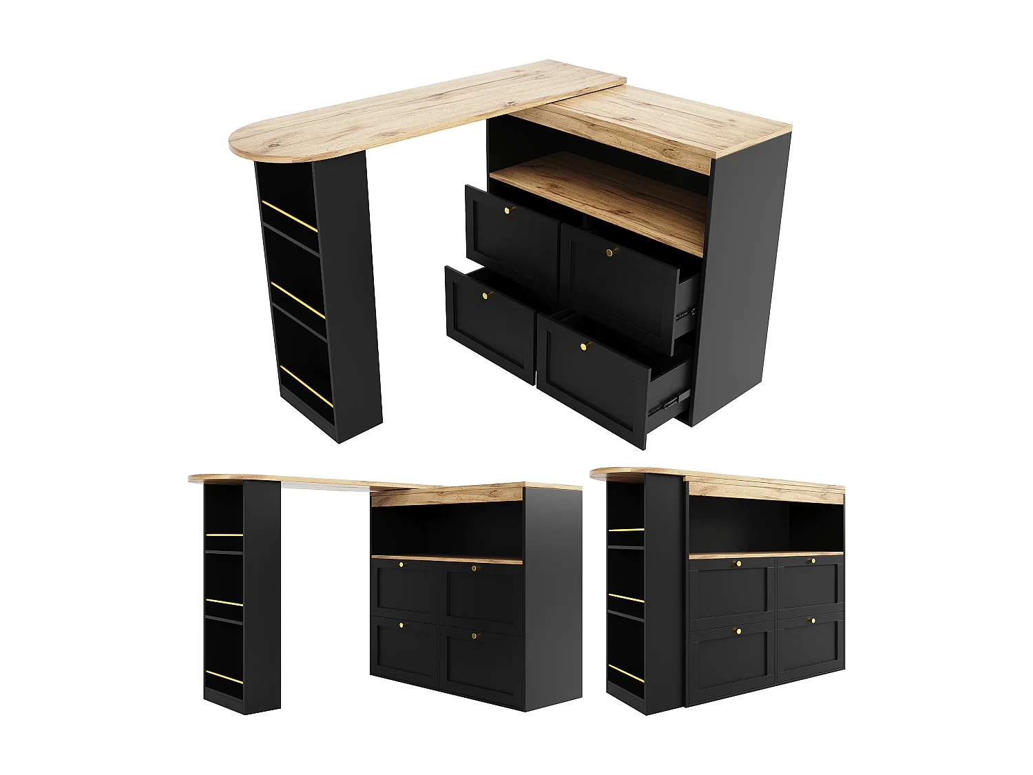 Drehbarer Barschrank – 4 Schubladen, 3 Ablageböden und Nische – Platte in MDF-Holzoptik – 138 cm/105 x 39 x 102 cm – Schwarz