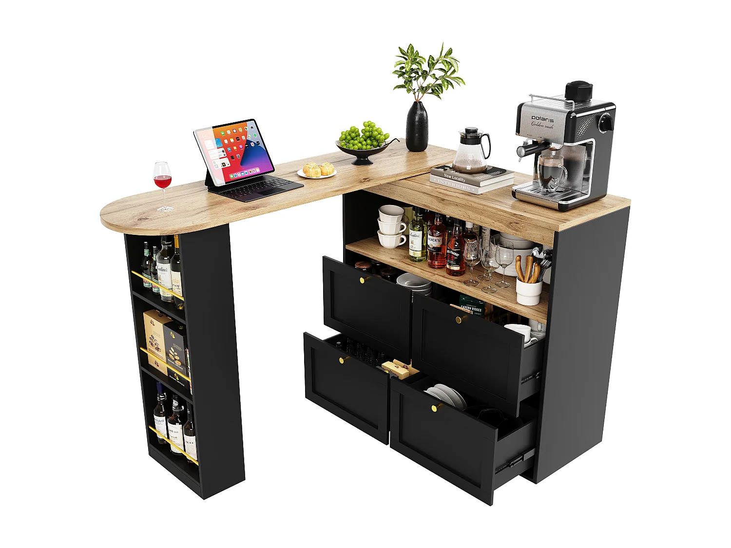 Drehbarer Barschrank – 4 Schubladen, 3 Ablageböden und Nische – Platte in MDF-Holzoptik – 138 cm/105 x 39 x 102 cm – Schwarz