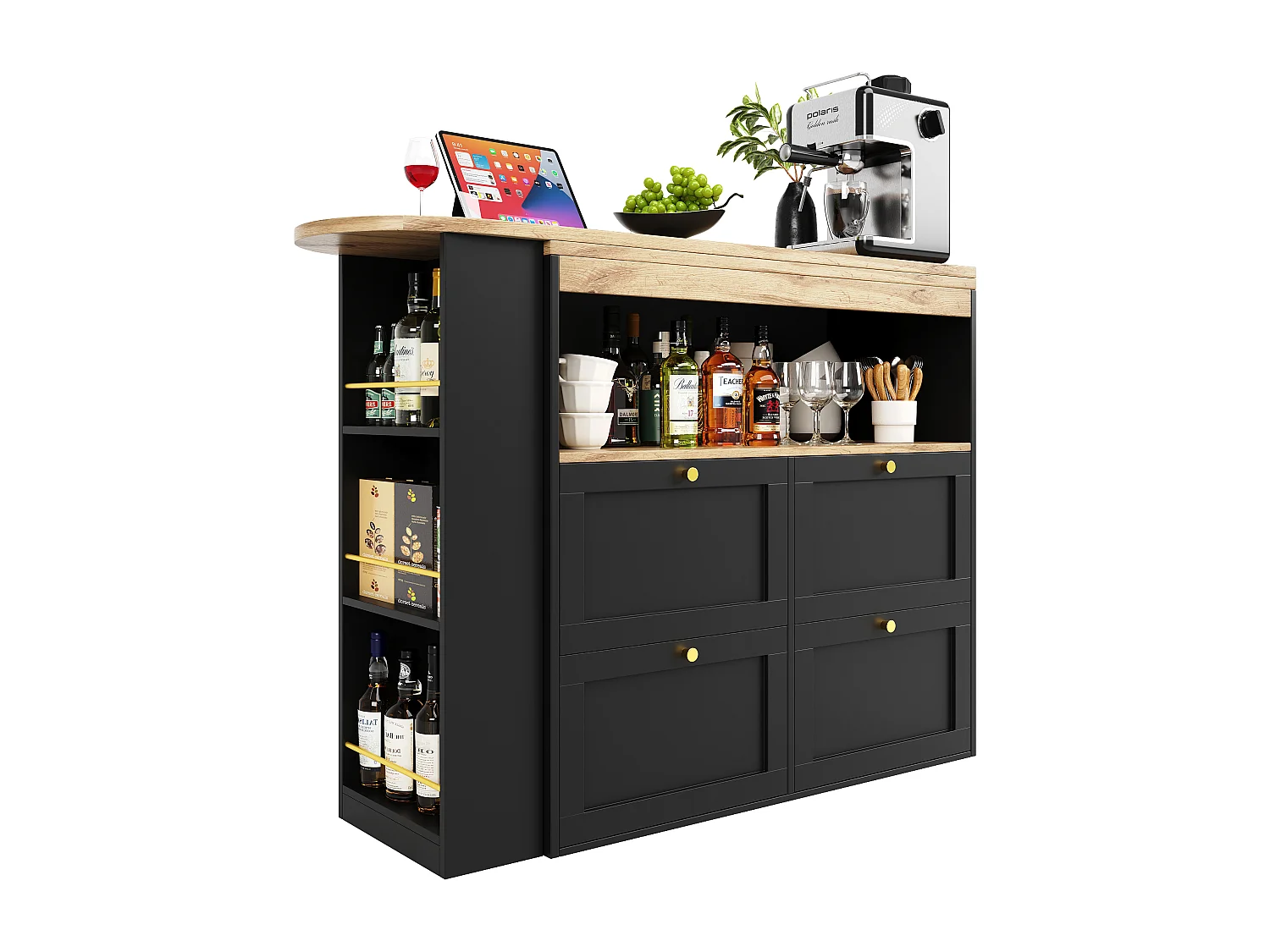 Drehbarer Barschrank – 4 Schubladen, 3 Ablageböden und Nische – Platte in MDF-Holzoptik – 138 cm/105 x 39 x 102 cm – Schwarz
