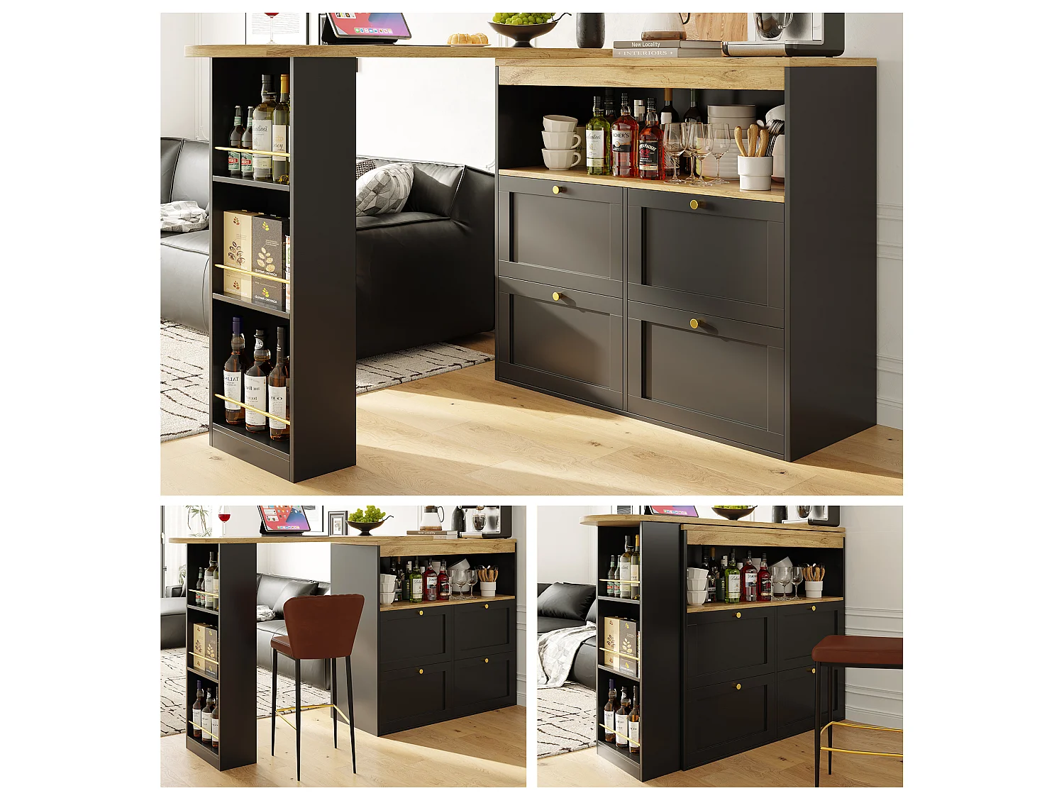 Meuble de bar pivotant - 4 tiroirs, 3 étagères de rangement & niche - MDF plateau effet bois - 138 cm/105x39x102 cm - Noir