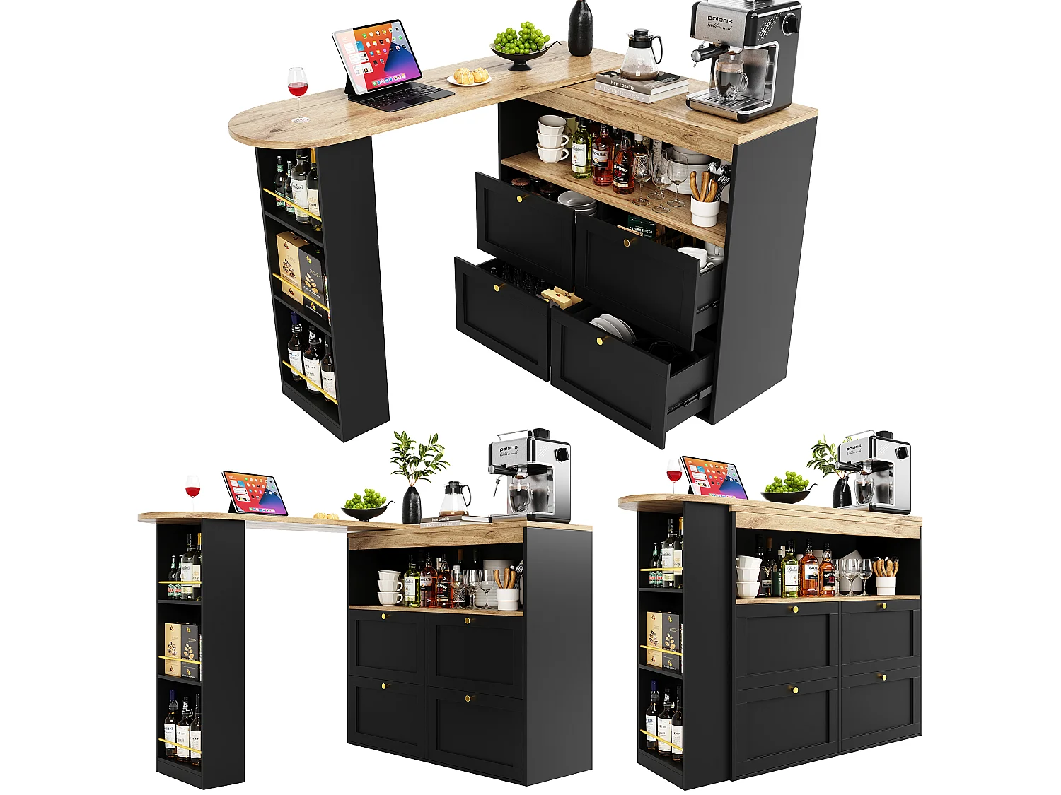 Meuble de bar pivotant - 4 tiroirs, 3 étagères de rangement & niche - MDF plateau effet bois - 138 cm/105x39x102 cm - Noir