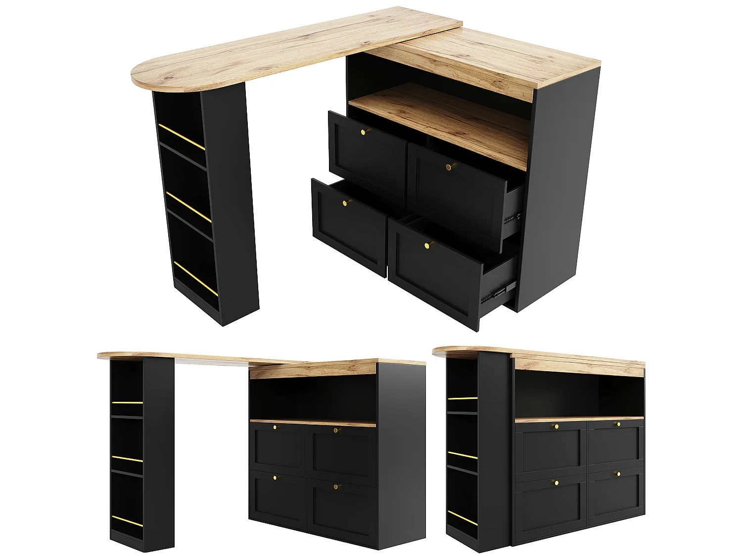 Meuble de bar pivotant - 4 tiroirs, 3 étagères de rangement & niche - MDF plateau effet bois - 138 cm/105x39x102 cm - Noir