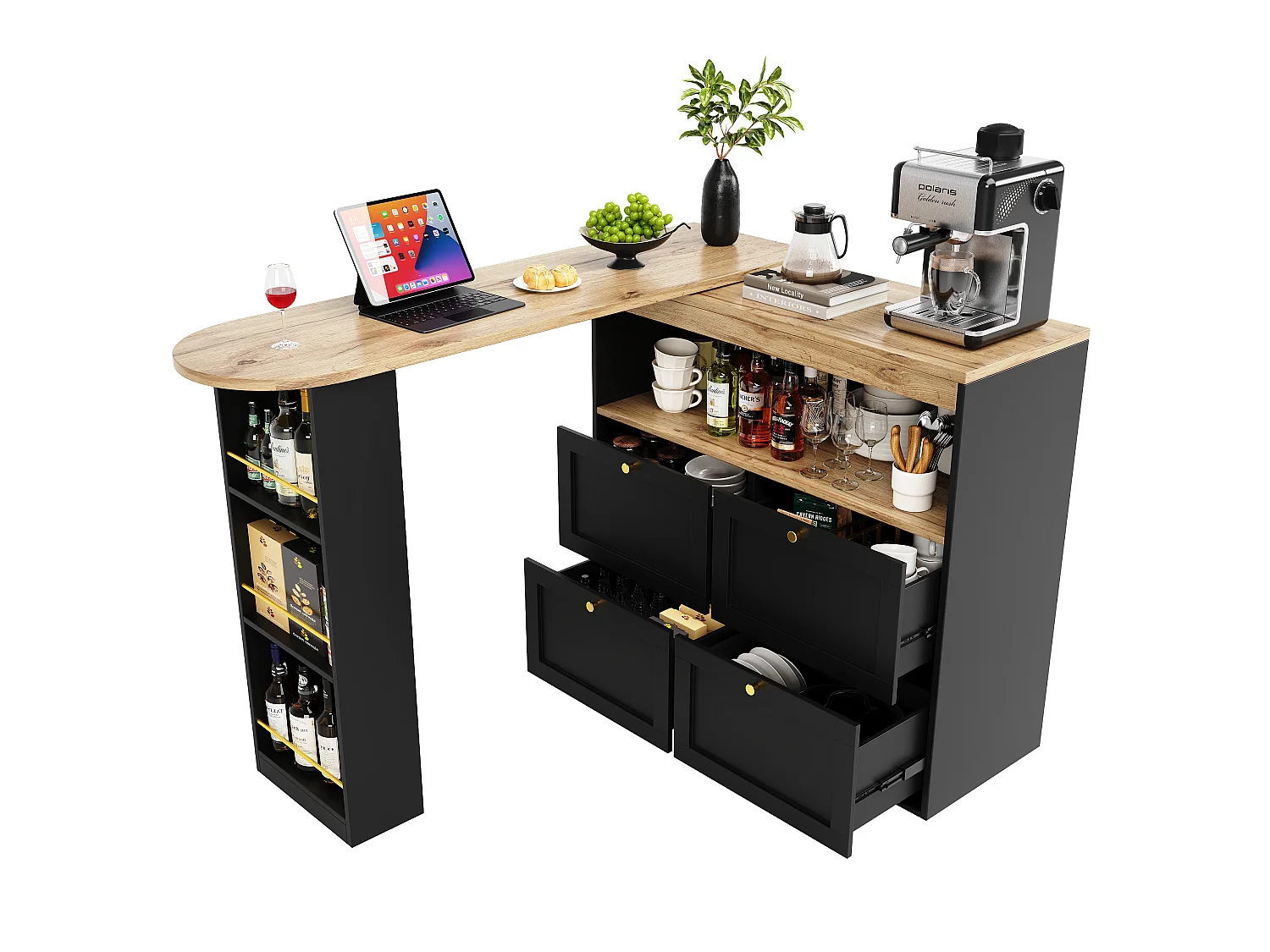 Meuble de bar pivotant - 4 tiroirs, 3 étagères de rangement & niche - MDF plateau effet bois - 138 cm/105x39x102 cm - Noir