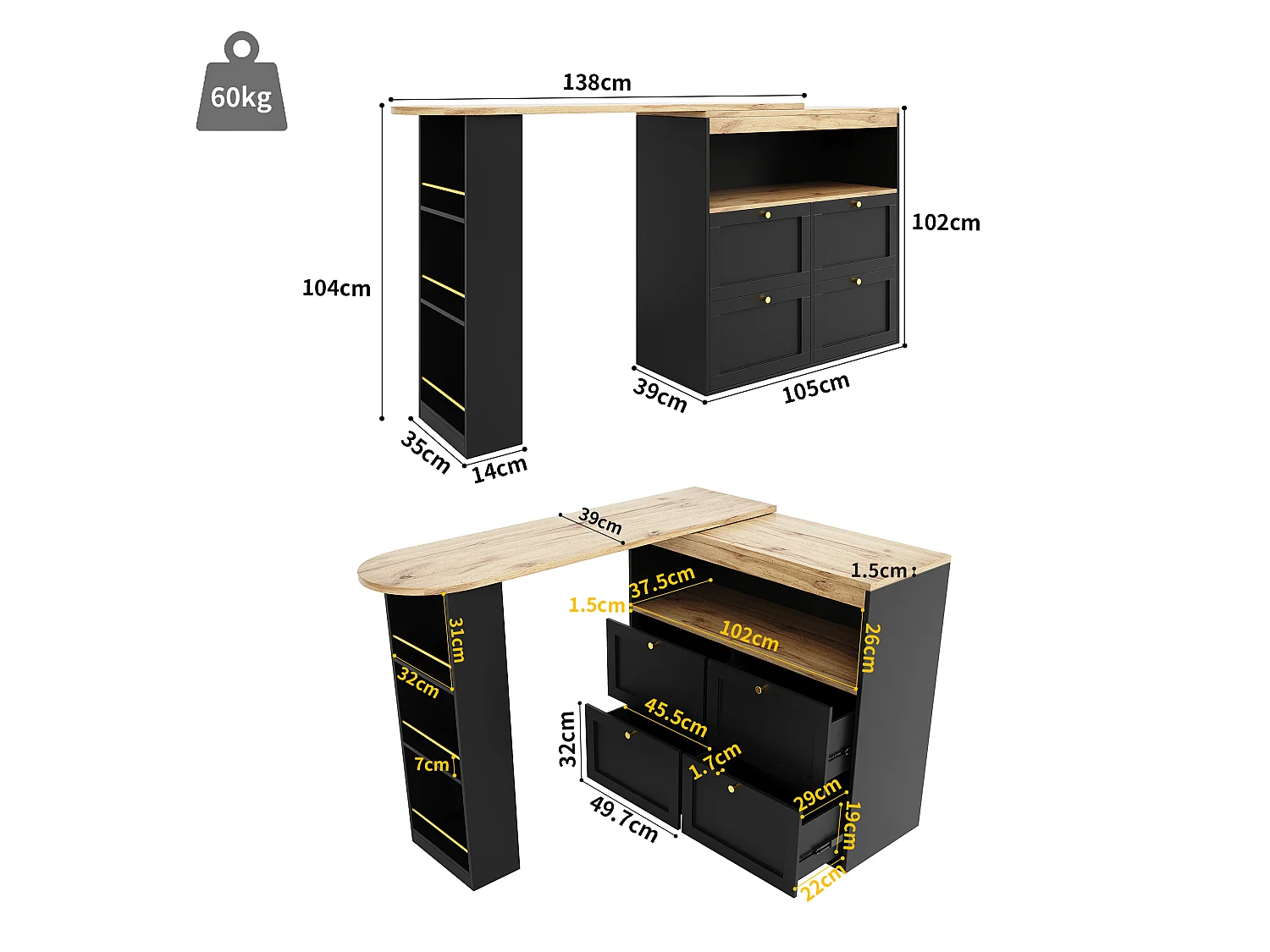 Meuble de bar pivotant - 4 tiroirs, 3 étagères de rangement & niche - MDF plateau effet bois - 138 cm/105x39x102 cm - Noir