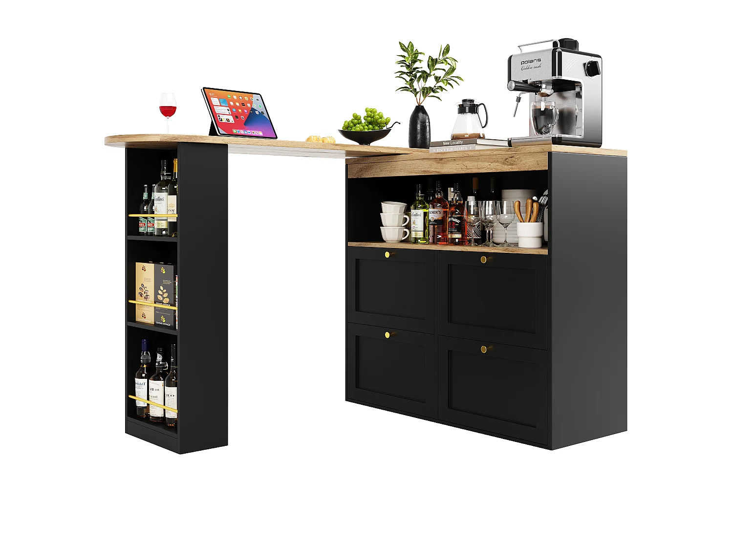 Meuble de bar pivotant - 4 tiroirs, 3 étagères de rangement & niche - MDF plateau effet bois - 138 cm/105x39x102 cm - Noir