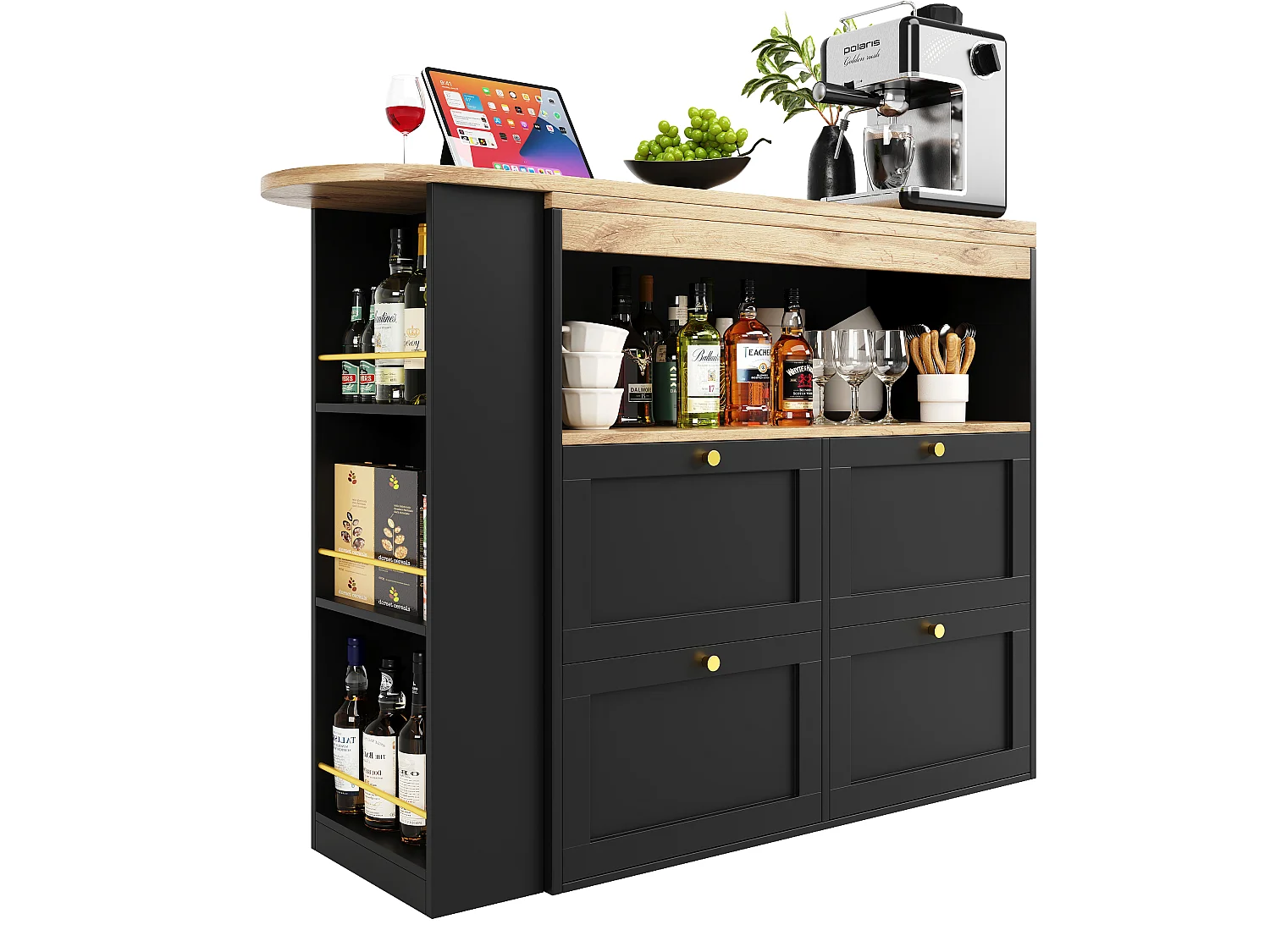 Meuble de bar pivotant - 4 tiroirs, 3 étagères de rangement & niche - MDF plateau effet bois - 138 cm/105x39x102 cm - Noir