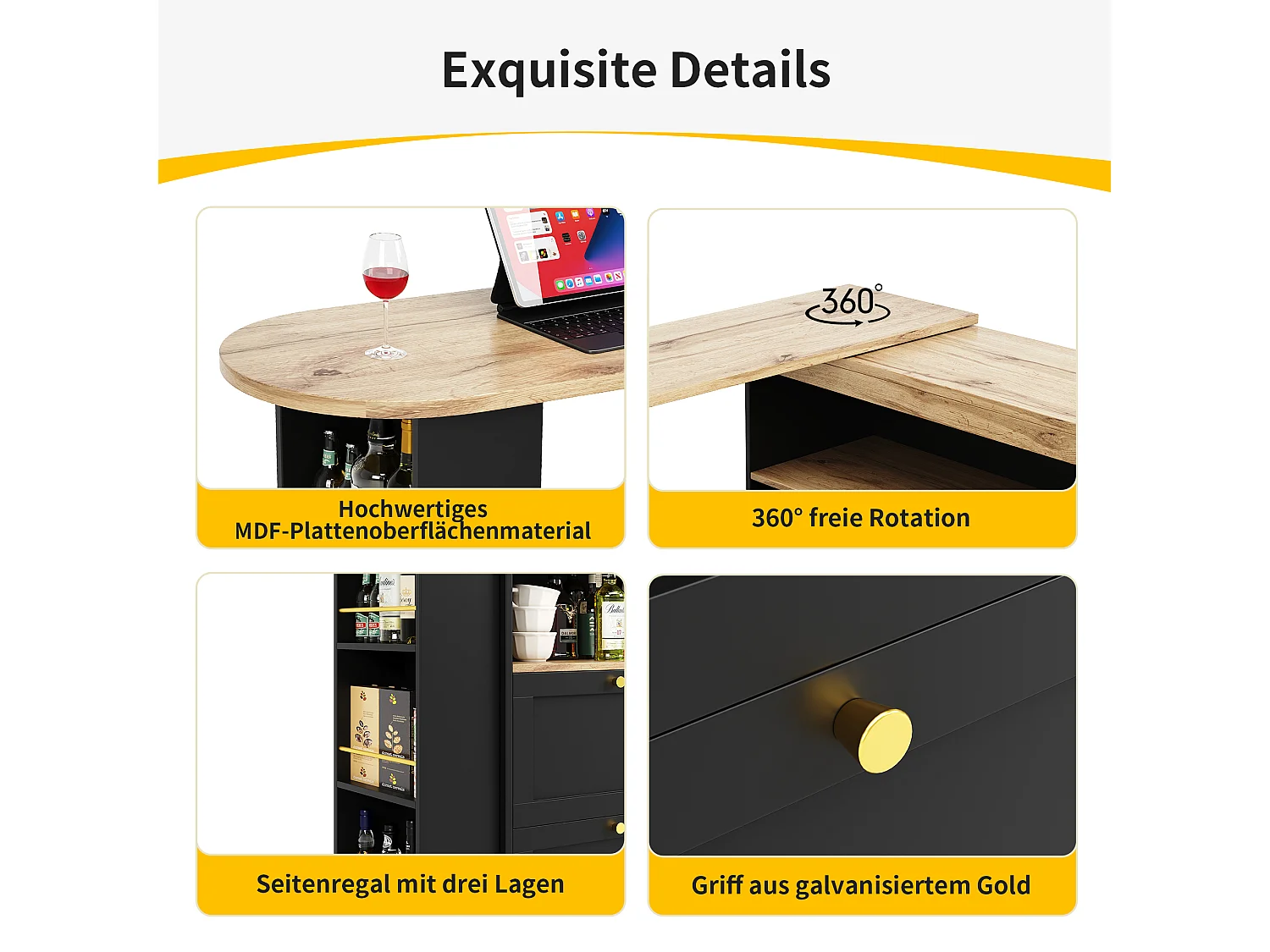 Meuble de bar pivotant - 4 tiroirs, 3 étagères de rangement & niche - MDF plateau effet bois - 138 cm/105x39x102 cm - Noir
