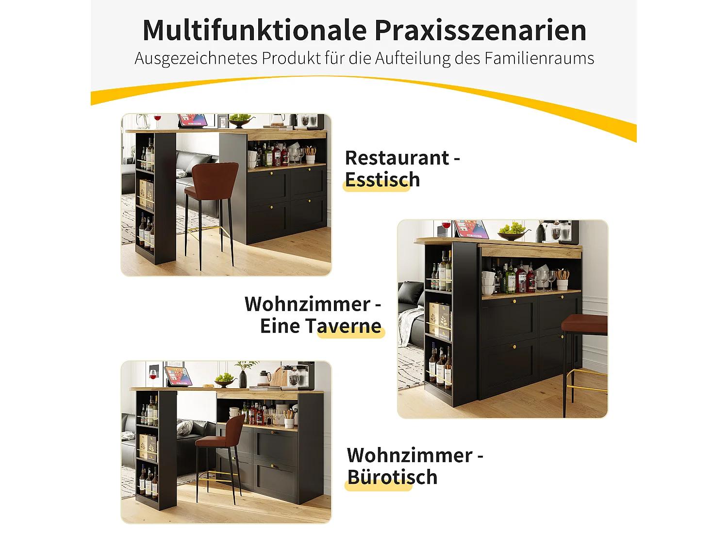 Meuble de bar pivotant - 4 tiroirs, 3 étagères de rangement & niche - MDF plateau effet bois - 138 cm/105x39x102 cm - Noir