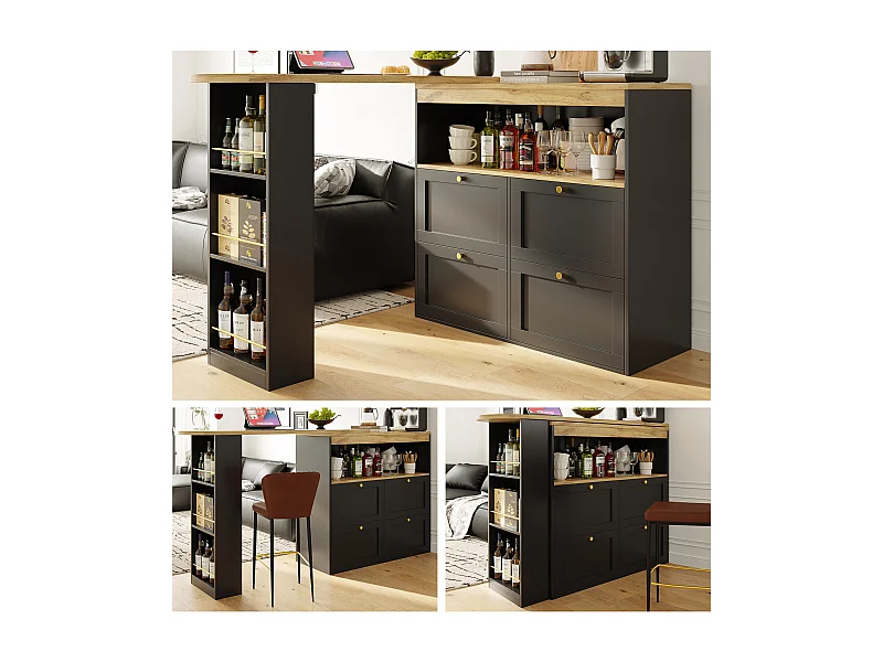 Meuble de bar pivotant - 4 tiroirs, 3 étagères de rangement & niche - MDF plateau effet bois - 138 cm/105x39x102 cm - Noir