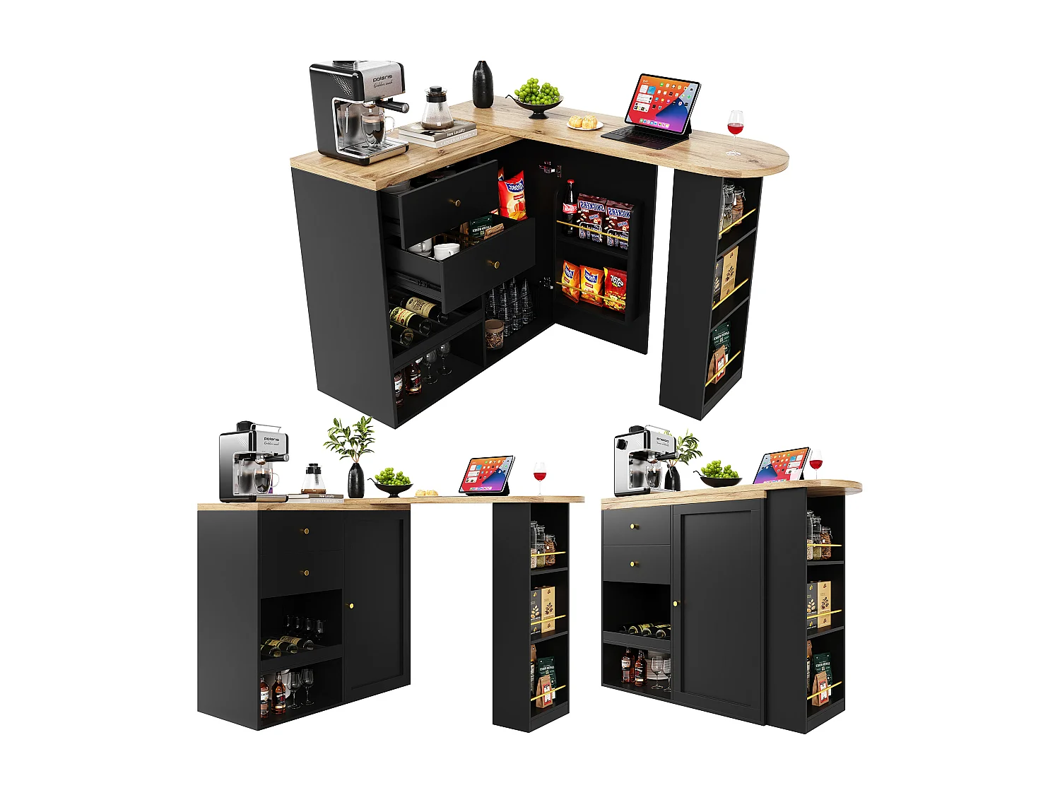 Mueble bar giratorio - una puerta, 2 cajones, 3 estantes y 2 nichos - Tapa efecto madera MDF - 138 cm/105x39x102 cm - Negro