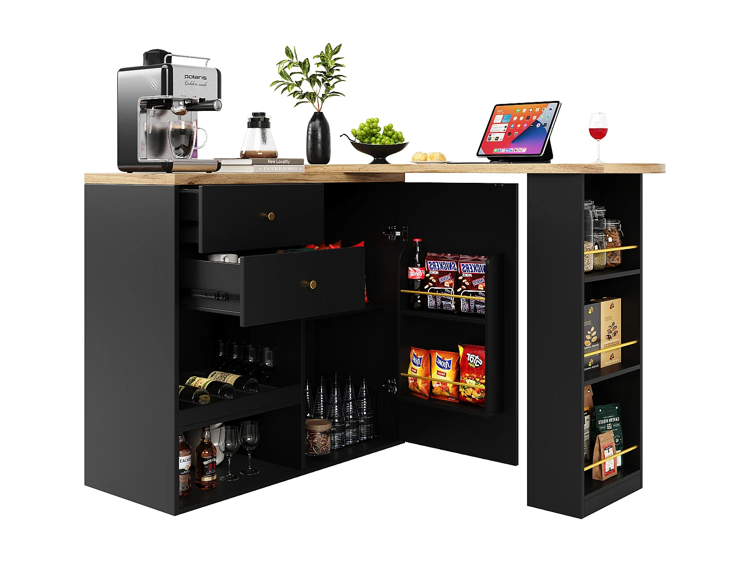 Mueble bar giratorio - una puerta, 2 cajones, 3 estantes y 2 nichos - Tapa efecto madera MDF - 138 cm/105x39x102 cm - Negro