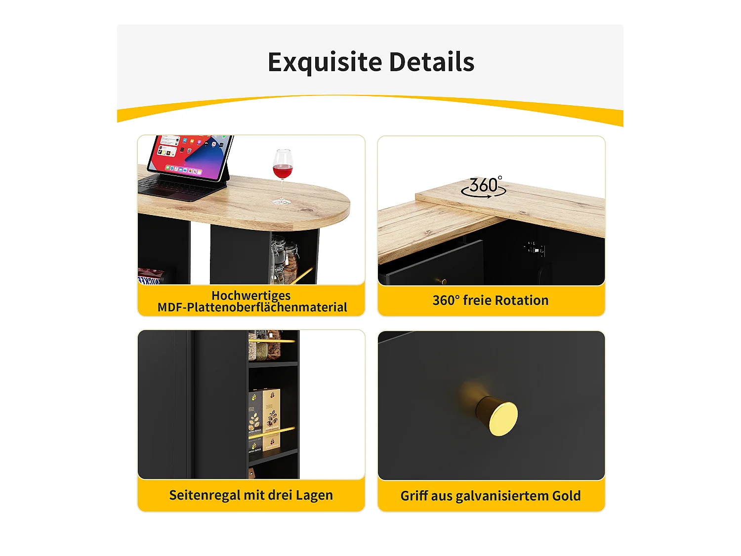 Mueble bar giratorio - una puerta, 2 cajones, 3 estantes y 2 nichos - Tapa efecto madera MDF - 138 cm/105x39x102 cm - Negro