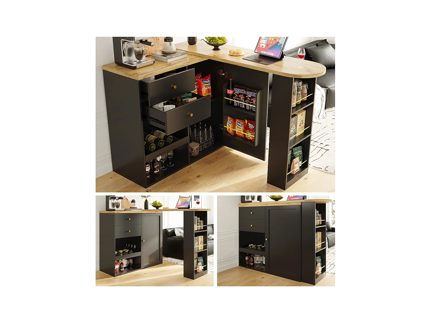 Meuble de bar pivotant - une porte, 2 tiroirs, 3 étagères & 2 niches - MDF plateau effet bois - 138 cm/105x39x102 cm - Noir