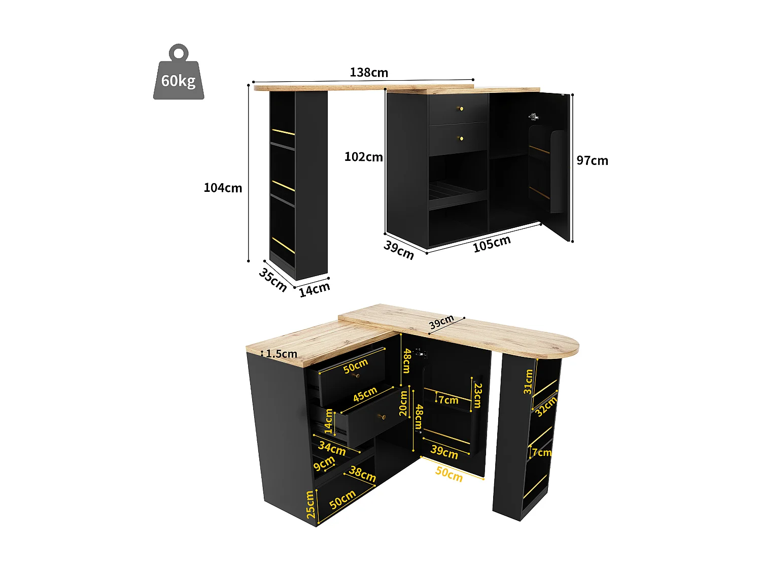 Mobile bar girevole - un'anta, 2 cassetti, 3 ripiani e 2 nicchie - Piano MDF effetto legno - 138 cm/105x39x102 cm - Nero