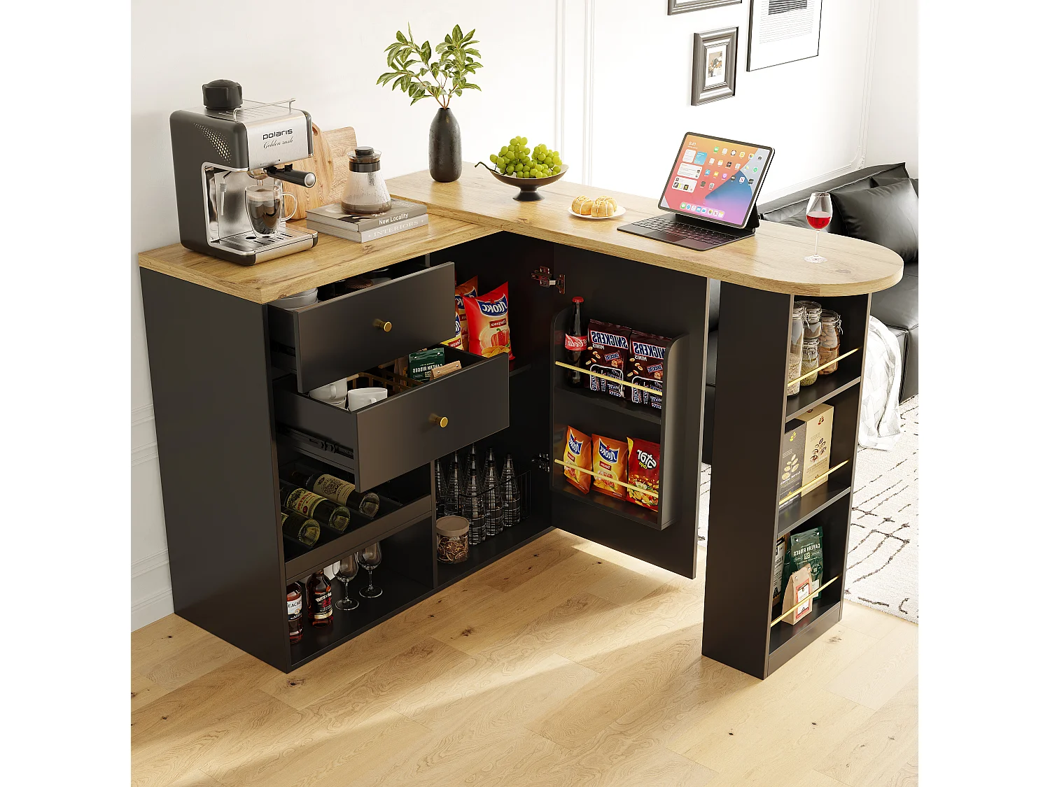 Mobile bar girevole - un'anta, 2 cassetti, 3 ripiani e 2 nicchie - Piano MDF effetto legno - 138 cm/105x39x102 cm - Nero