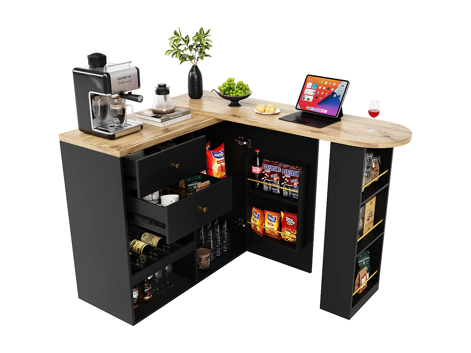 Mobile bar girevole - un'anta, 2 cassetti, 3 ripiani e 2 nicchie - Piano MDF effetto legno - 138 cm/105x39x102 cm - Nero