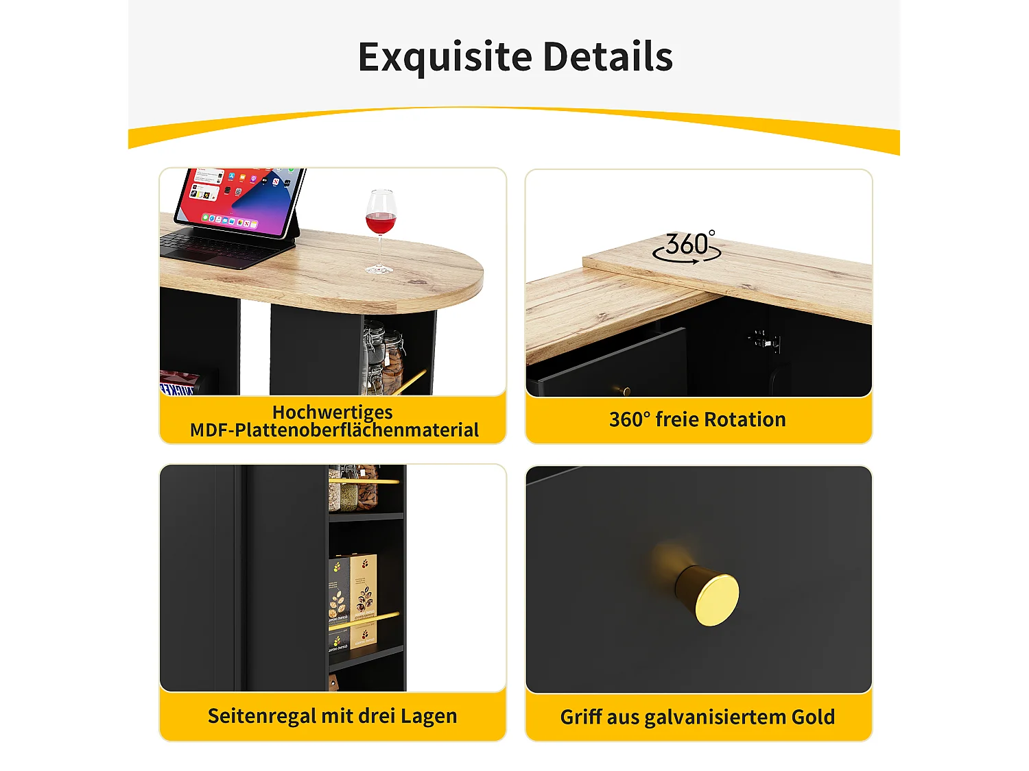 Mobile bar girevole - un'anta, 2 cassetti, 3 ripiani e 2 nicchie - Piano MDF effetto legno - 138 cm/105x39x102 cm - Nero