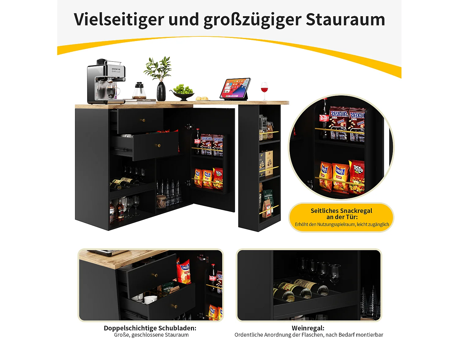 Mobile bar girevole - un'anta, 2 cassetti, 3 ripiani e 2 nicchie - Piano MDF effetto legno - 138 cm/105x39x102 cm - Nero