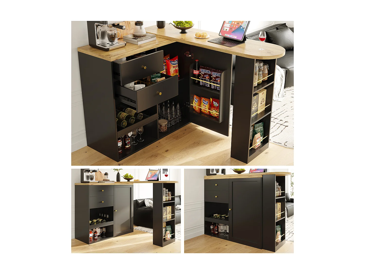 Drehbarer Barschrank – eine Tür, 2 Schubladen, 3 Regale und 2 Nischen – Platte in MDF-Holzoptik – 138 cm/105 x 39 x 102 cm – Schwarz