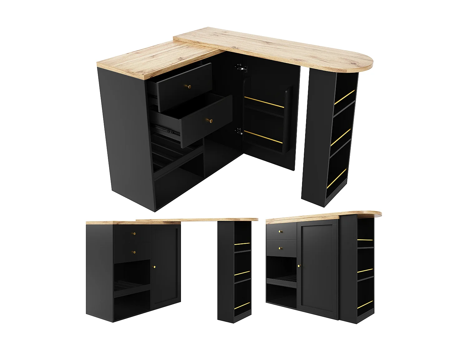 Drehbarer Barschrank – eine Tür, 2 Schubladen, 3 Regale und 2 Nischen – Platte in MDF-Holzoptik – 138 cm/105 x 39 x 102 cm – Schwarz