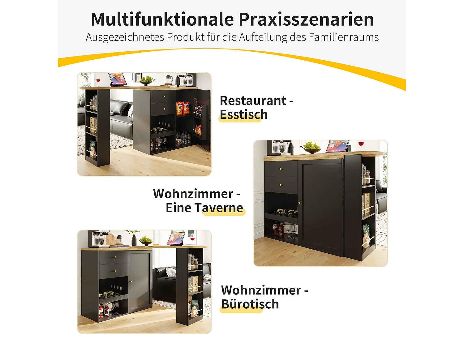 Drehbarer Barschrank – eine Tür, 2 Schubladen, 3 Regale und 2 Nischen – Platte in MDF-Holzoptik – 138 cm/105 x 39 x 102 cm – Schwarz