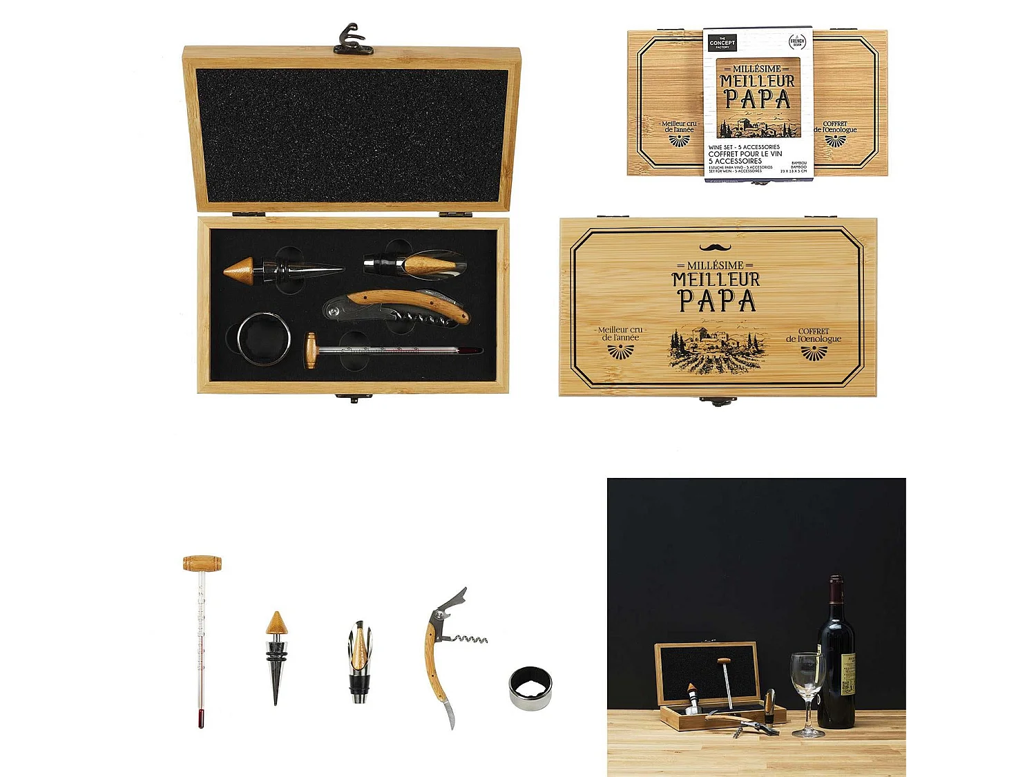 Coffret En Bambou Pour Le Vin 5 Accessoires Marron