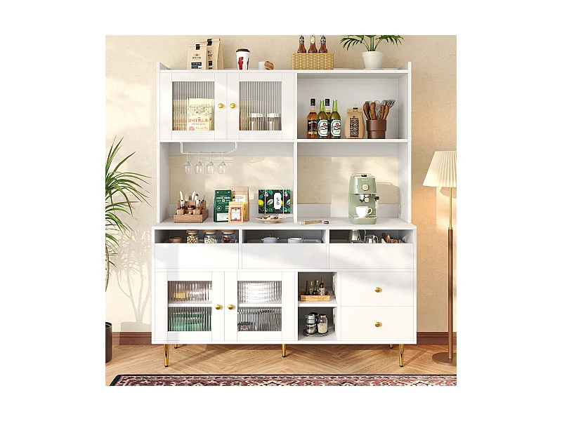 Keukendressoir met 4 glazen deuren, 5 laden en open vak - 145 x 39 x 171 cm - MDF hout - Wit