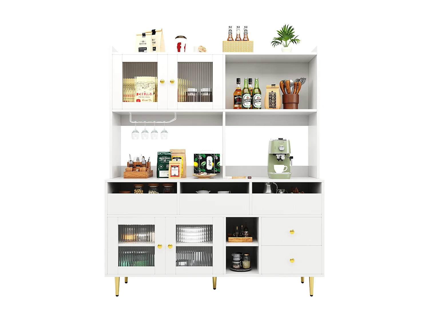 Küchen-Sideboard mit 4 Glastüren, 5 Schubladen und offenem Fach – 145 x 39 x 171 cm – MDF-Holz – Weiß