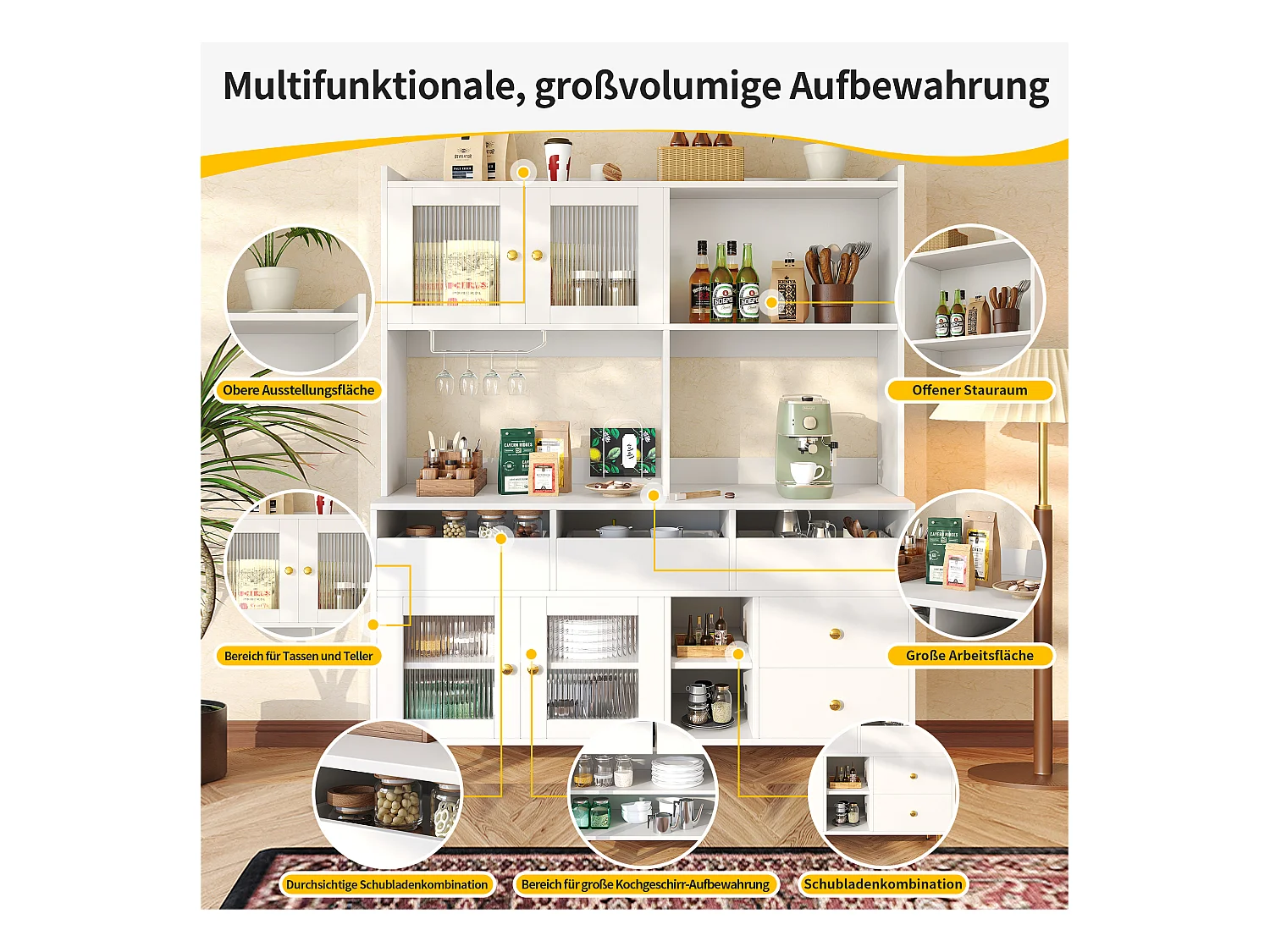 Küchen-Sideboard mit 4 Glastüren, 5 Schubladen und offenem Fach – 145 x 39 x 171 cm – MDF-Holz – Weiß