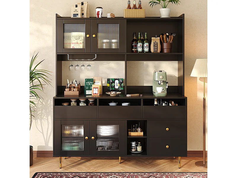 Buffet de cuisine avec 4 portes vitrées, 5 tiroirs et compartiment ouvert - 145 x 39 x 171 cm - Bois MDF - Noir