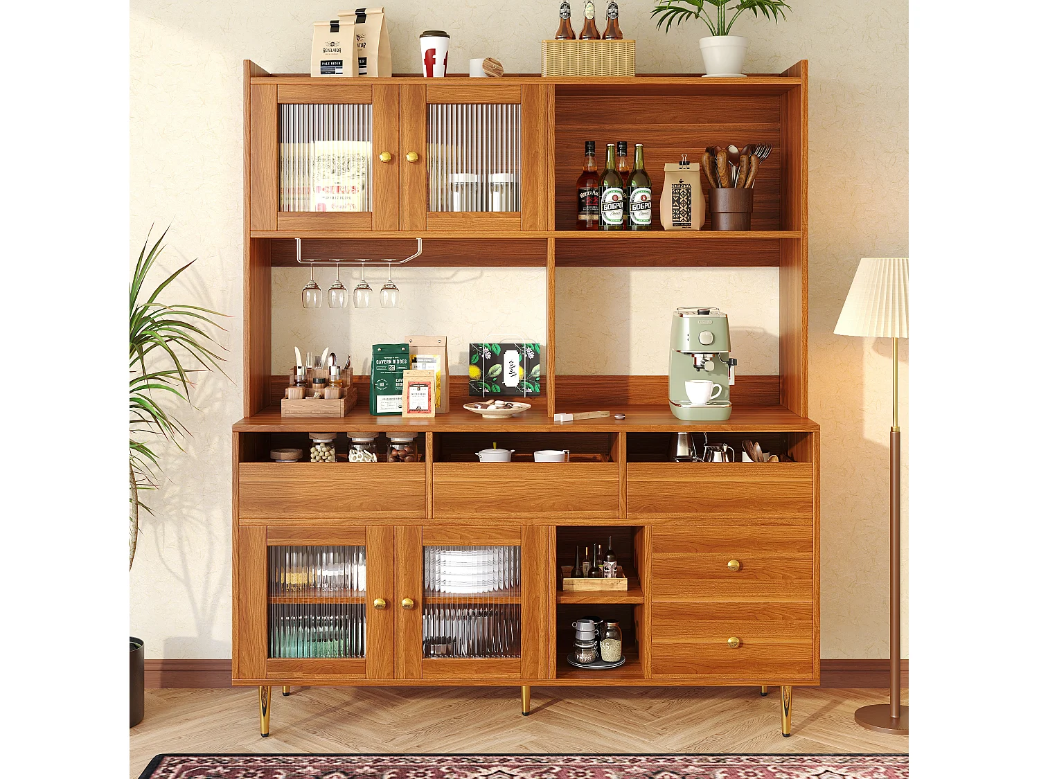 Kredens kuchenny z 4 drzwiami szklanymi, 5 szufladami i otwartą przegrodą - 145 x 39 x 171 cm - drewno MDF - orzech