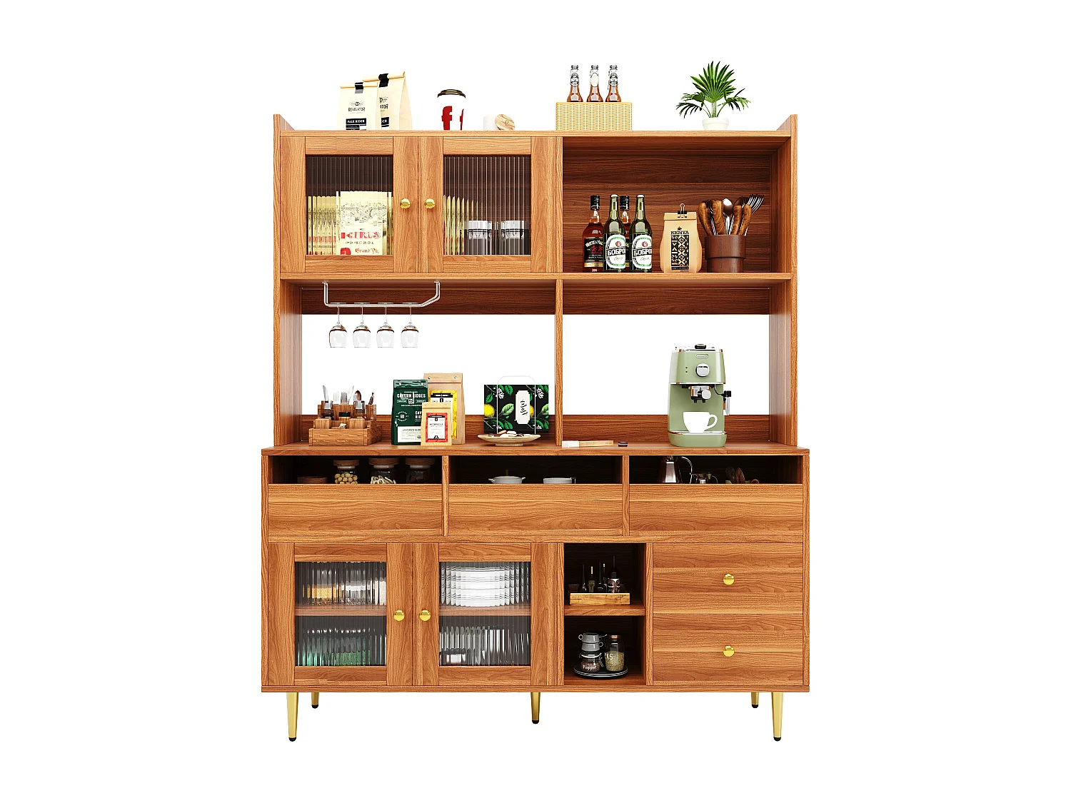 Kredens kuchenny z 4 drzwiami szklanymi, 5 szufladami i otwartą przegrodą - 145 x 39 x 171 cm - drewno MDF - orzech